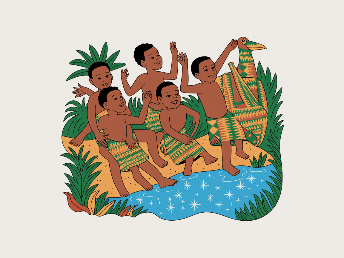 Folk art illustration of children rescued from Lake Volta, joyful on the shoreline