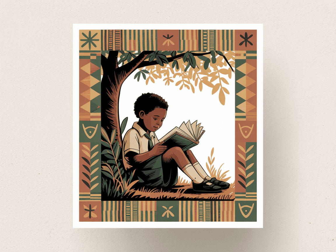 Folk art illustration of a Ghanaian child in school uniform reading a book under a tree